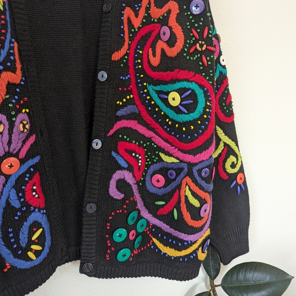 Vivian Wang | Kitty Hawk | 80s | Embroidered Beaded Multicolored Cardigan - Picture 2 of 9